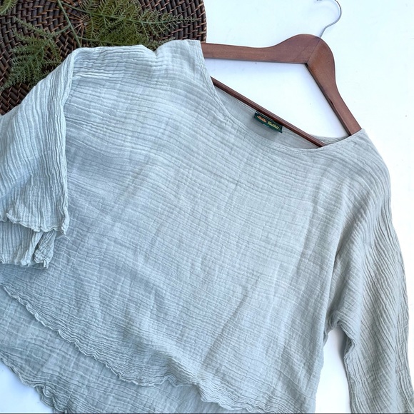 Cotton Palm Womens Shirt Blouse Gauzy Tiered Sage Green Cotton Medium - Picture 1 of 7